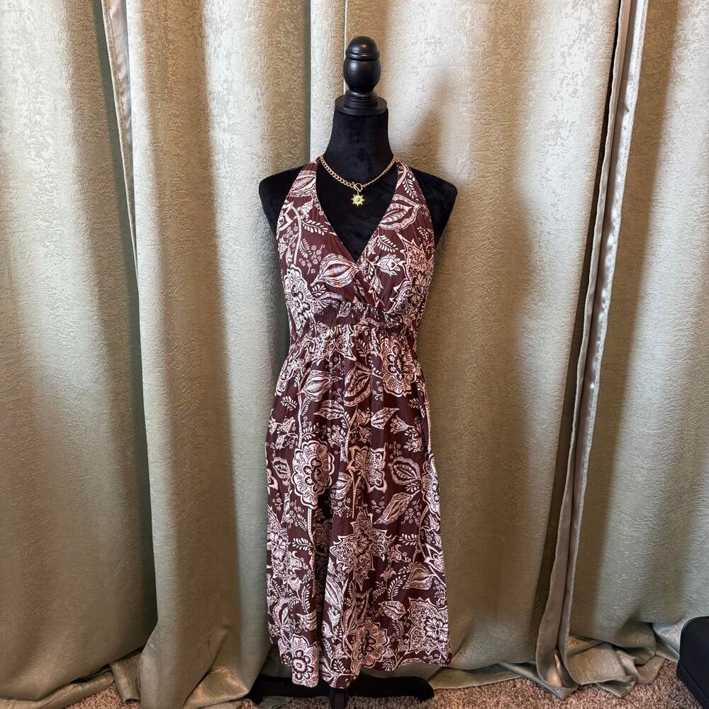 Boho Brown Paisley Floral Halter Maxi Dress